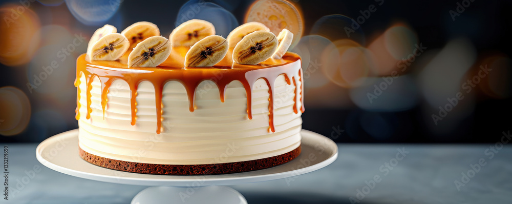 Poster moist banana cake with caramel drizzle and banana slices on top sits elegantly on cake stand, set against blurred bokeh background
