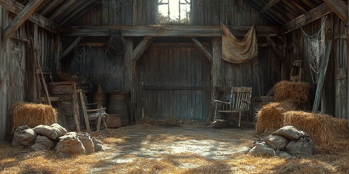 Rustic barn interior showcasing straw bales, wooden furniture, and a warm, inviting atmosphere in the afternoon light