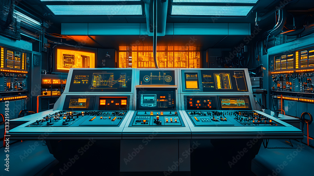 Poster industrial control room operation futuristic environment holographic technology interactive display 