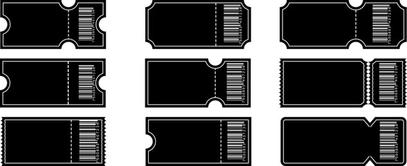 Black tickets with white frames and barcodes. Suitable for premium events, VIP passes and exclusive events