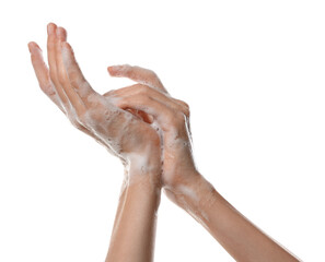 Woman washing hands with foaming soap on white background, closeup. Hygiene