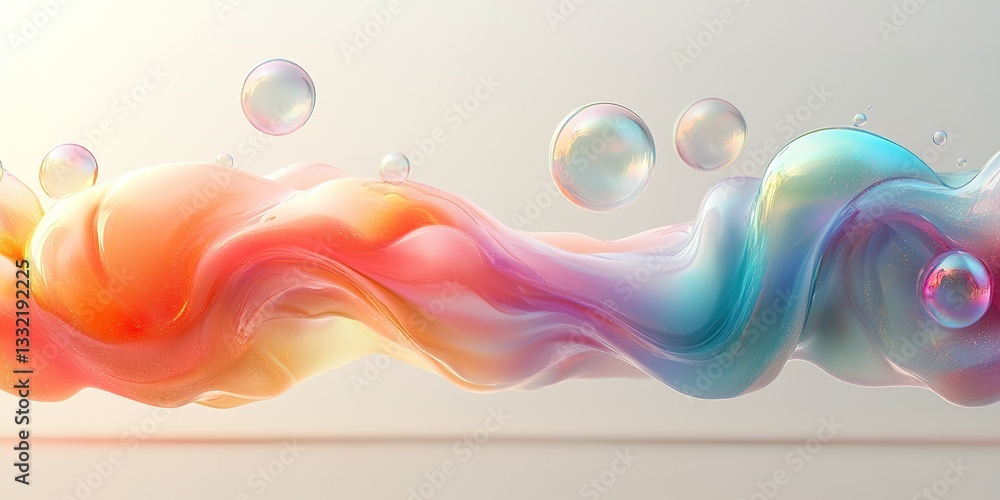 Poster colorful fluid waves create a dreamy effect with iridescent bubbles in a bright, minimalistic settin