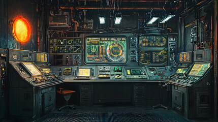 Fototapeta premium Industrial holographic control room high-tech environment digital interface futuristic design detailed overview