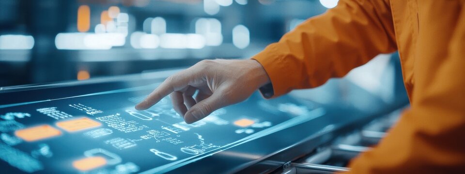 Worker Touching Interactive Display in Modern Industrial Environment