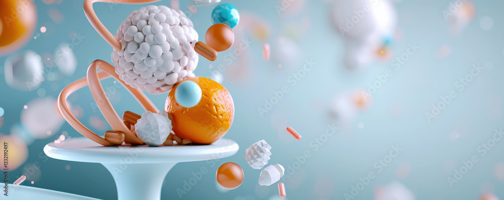 Aufkleber 3D rendering of abstract molecular structures with vibrant colors and dynamic shapes, set against soft blue background, conveying sense of innovation and complexity