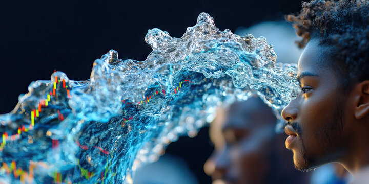 Water Wave with Embedded Candlestick Chart and Man's Profile