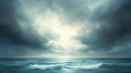 Obraz premium A serene ocean scene under dramatic, cloudy skies, evoking a sense of calmness and mystery.