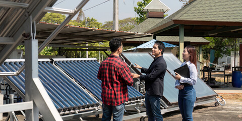 Fototapeta premium Sustainable Approach and Collaboration. Team discussing renewable energy solutions in an eco-friendly facility.