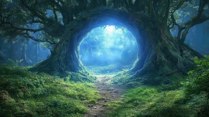 Naklejka premium Magical forest path through ancient tree, moonlit night, fantasy landscape, game background