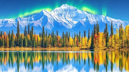 Majestic snowy mountain range with trees and lake aurora borealis