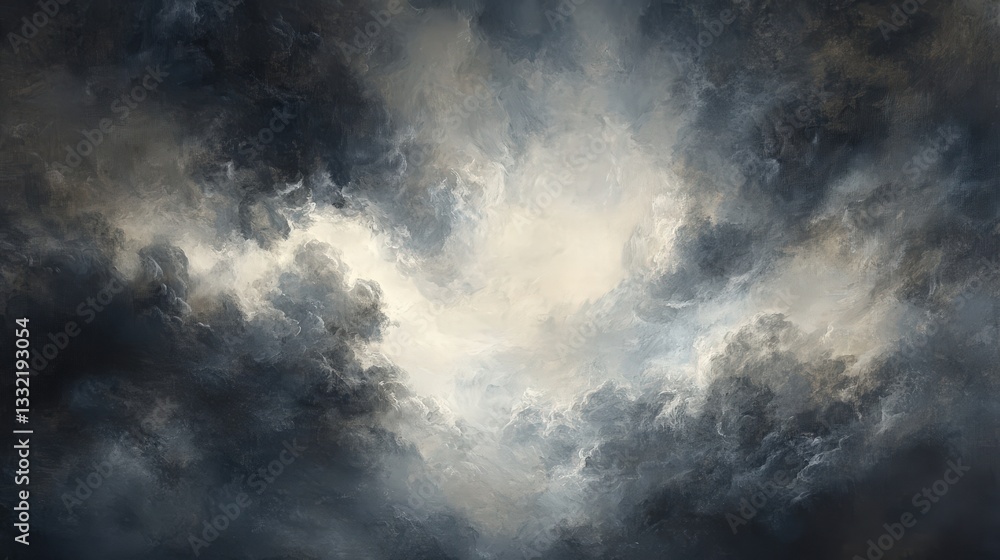 Poster a dramatic sky filled with swirling dark clouds and a hint of light breaking through, creating a moo