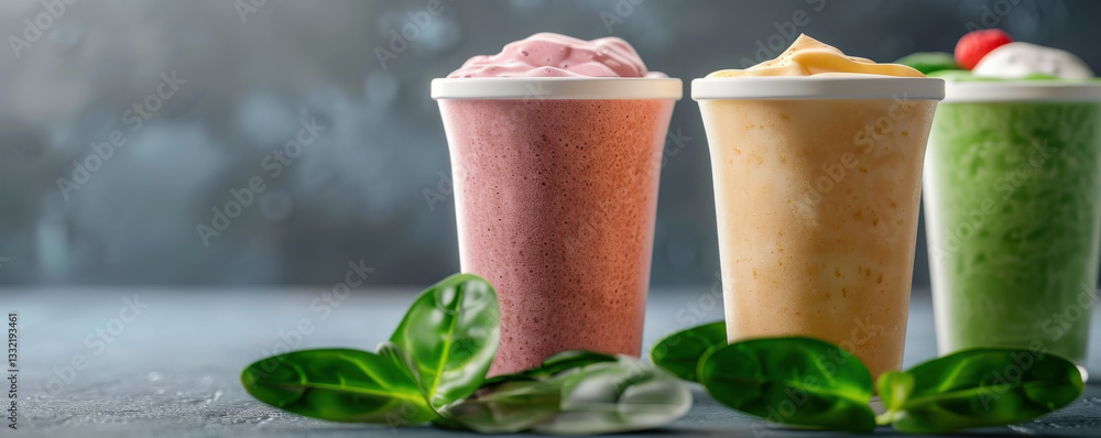 Poster three colorful smoothie cups with plant based ingredients are arranged on textured surface, surround