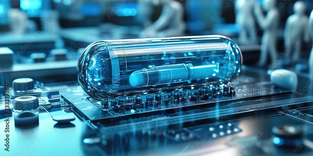 Poster futuristic glass capsule placed on a circuit board with abstract figures in a high-tech environment