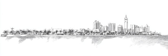 Obraz premium Dammam Skyline Pencil Sketch - A coastal city's tranquil beauty, architectural marvel, urban development, palm trees, and serene waters. Symbolizing progress, serenity, growth
