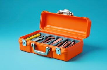 Orange Plastic Toolbox with Metal Hand Tools on Blue Background