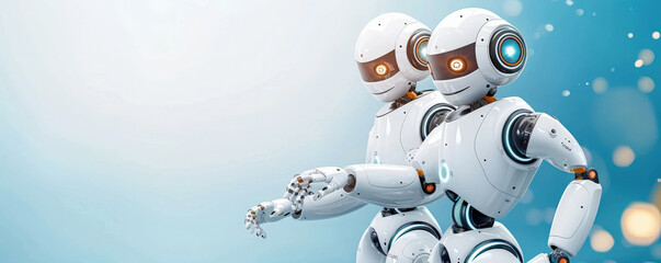 Two futuristic robots with glowing eyes interact digital space, showcasing advanced technology and artificial intelligence. scene is set against blue background with bokeh effects, highlighting