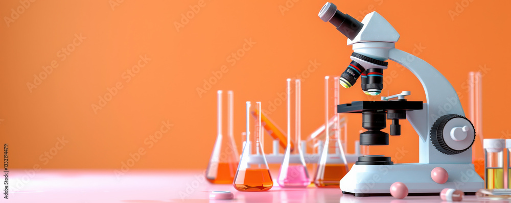 Poster microscope and test tubes with colorful liquids are arranged on laboratory table against orange back