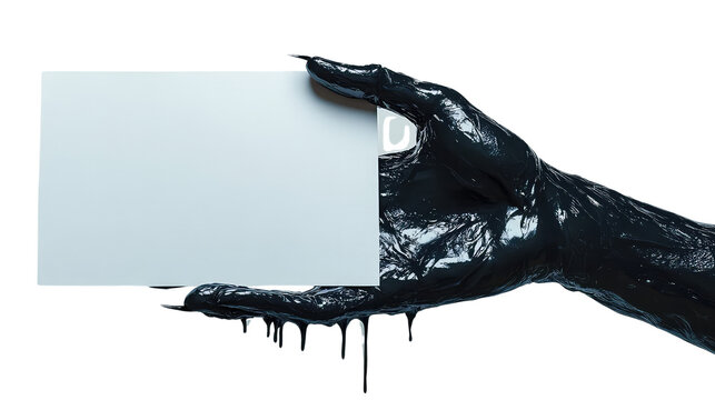 A scary black hand is holding a white piece of cardboard isolated on transparent background. 