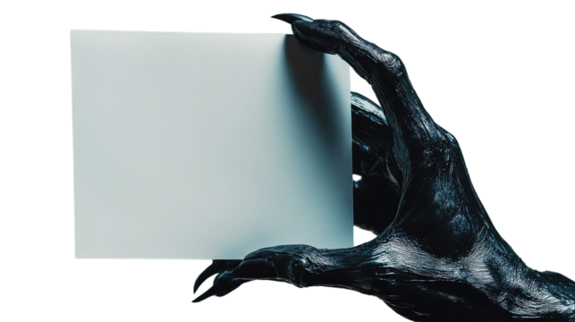 A scary black hand is holding a white piece of cardboard isolated on transparent background.