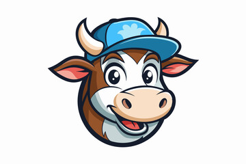 funny cow head with cap vector logo