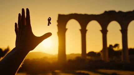 A hand releasing a key against a sunset and ancient ruins.