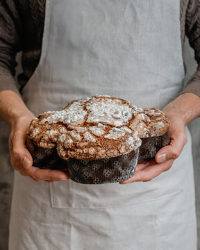 male chef holding christmas colomba cake against grey wall
