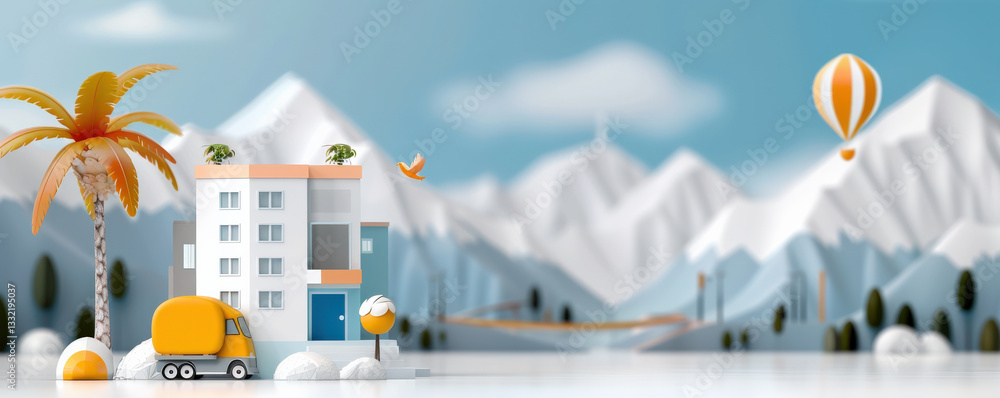 Aufkleber modern, minimalistic 3d render of smart city infrastructure with flat design style, featuring buildi
