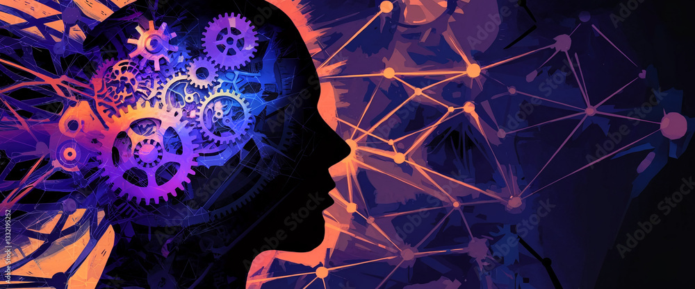 Poster silhouette of head with gears inside, representing intellect and complex thought processes, connecte