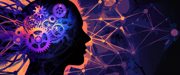 Silhouette of head with gears inside, representing intellect and complex thought processes, connected to a network, symbolizing  connectivity and information flow