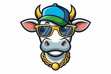 funny cow head with cap vector logo
