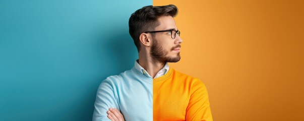 man with glasses stands against split blue and orange background, wearing half blue and half orange sweater, looking to side