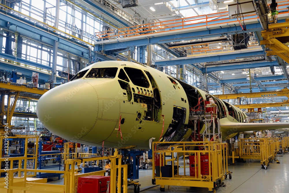 Poster aircraft assembly process at aerospace facility in progress generative ai