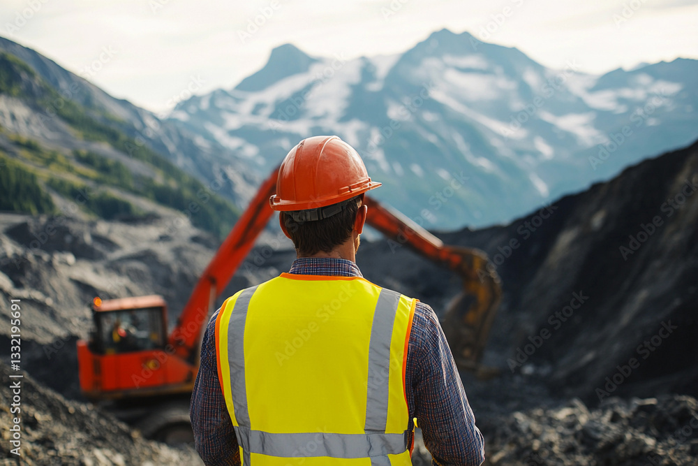 Poster miner observing excavation work in mountainous region generative ai