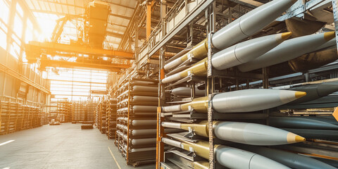 Missiles stored on racks in a warehouse facility Generative AI