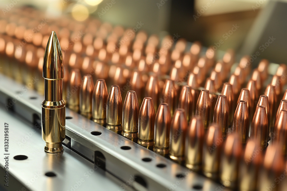 Poster shiny bullet standing out among numerous cartridges generative ai