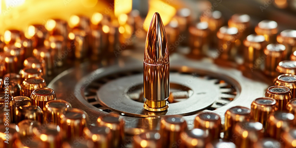 Poster Shiny bullet resting on a circular base surrounded by cartridges Generative AI