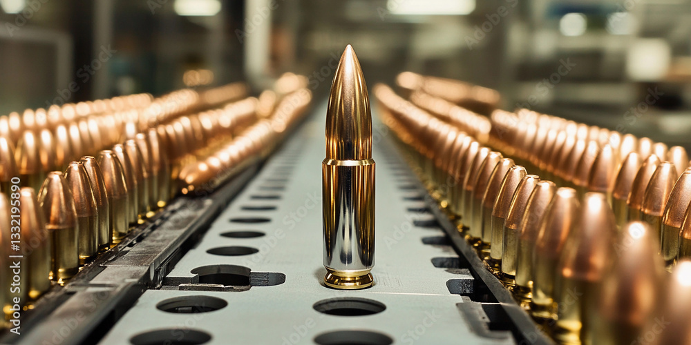 Aufkleber shiny bullet stands out among rows of ammunition generative ai