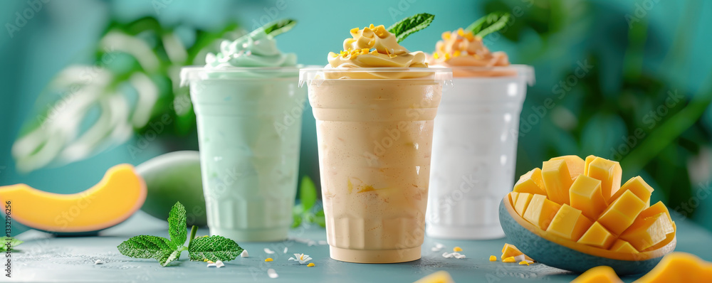 Aufkleber three colorful smoothie cups with whipped toppings and mint leaves are displayed on table, surrounde