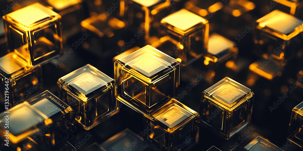 Poster reflections of golden cubes in a digital landscape generative ai