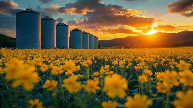 A row of large metal grain silos in the middle of a flowering field with a cloudy blue sky