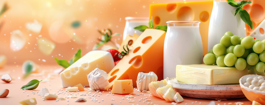 variety of dairy products including cheese, butter, and yogurt are displayed with fresh grapes and tomatoes on warm, inviting background