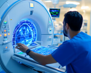 A medical professional operates advanced MRI scanning equipment, displaying a dynamic, holographic-like image