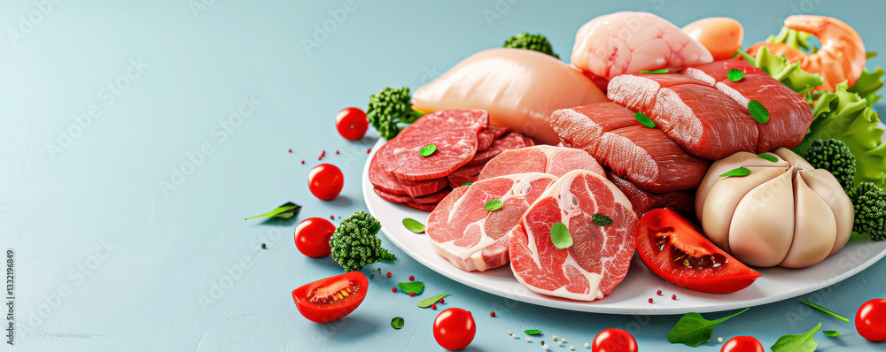 Poster variety of meats including beef, chicken, and pork are displayed on plate with fresh vegetables, cre