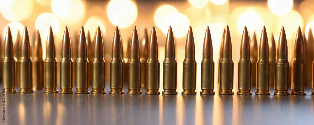 Poster Rows of polished brass ammunition arranged neatly on a surface Generative AI