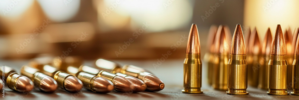 Aufkleber close-up of arranged ammunition on a wooden surface generative ai
