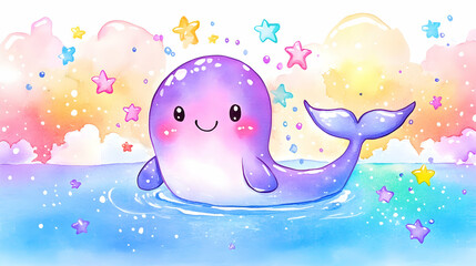 A pastel-colored whale in water, surrounded by stars and clouds