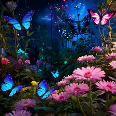 Futuristic Garden with Glowing Neon Flowers and Robotic Butterflies Under a Starry Night Sky