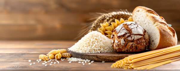 variety of whole grain bread, pasta, and rice are displayed wooden surface, showcasing rustic and wholesome selection of carbohydrates. arrangement includes crusty bread, spiral pasta