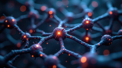 High-resolution microscopic view of a neuron with glowing synapses set against a vibrant background with hints of blue and orange, emphasizing medical or biological themes.