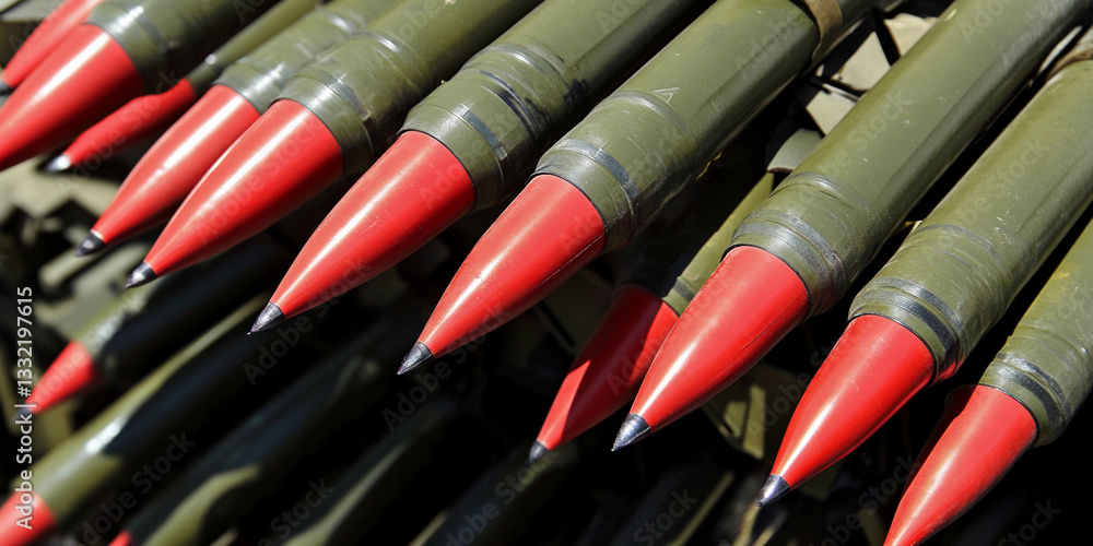 Aufkleber View of multiple projectiles with red tips at a military facility Generative AI